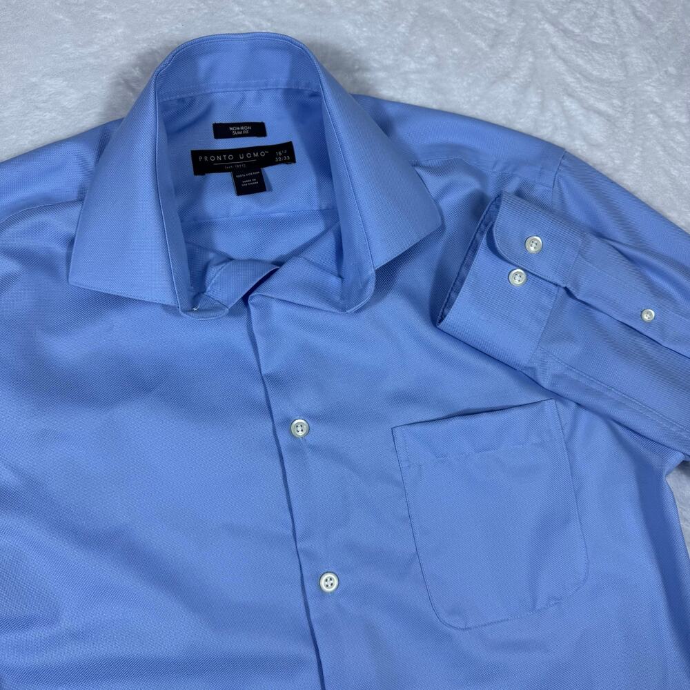 Pronto Uomo Non-Iron Slim Fit Men's 15 1/2 32/33 Long‎ Sleeve Blue Dress Shirt